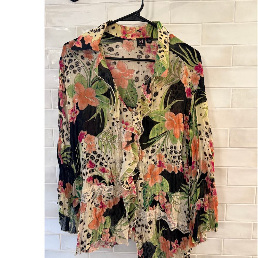 Milano Woman 1X Sheer Floral Lace Trim Blouse Crinkle Chiffon Boho Top